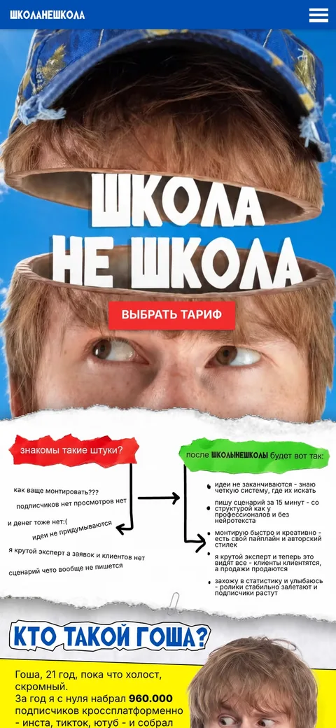 Мобильная версия schoolnotschool.com — первый экран и блок «Кто такой Гоша?»