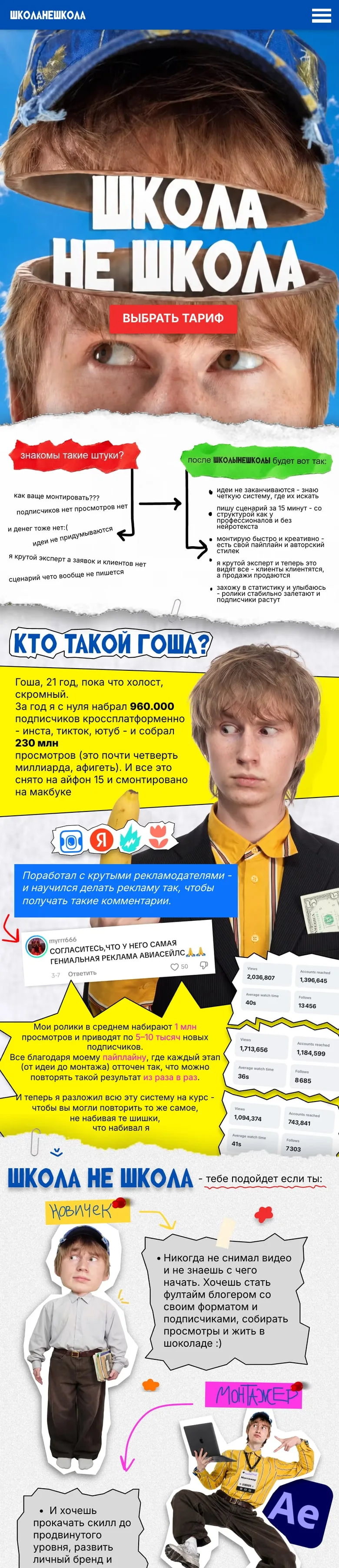 Мобильная версия schoolnotschool.com — первый экран и блок «Кто такой Гоша?»